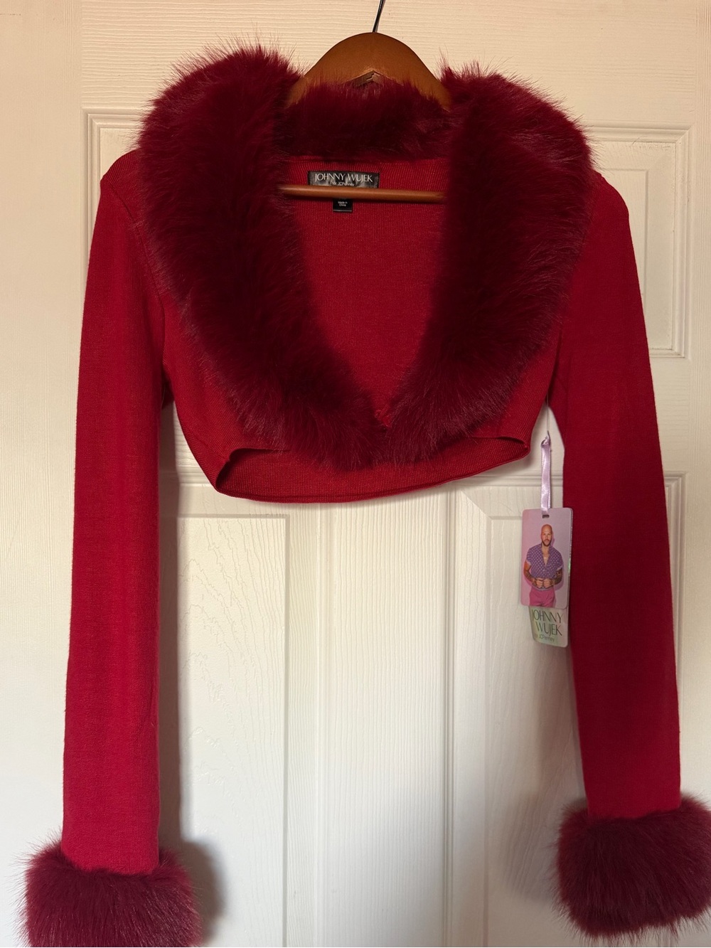 Johnny Wujek Red Faux Fur Trim Bolero